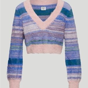 Sunday Best Pastel Pink, Blue & Green Striped V-Neck Cropped Sweater